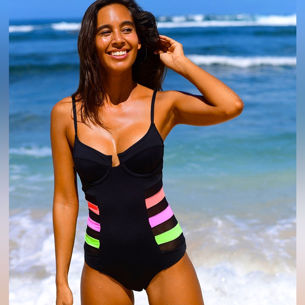 VETCHY MONTEGO UNDERWIRE MESH SWIMSUIT, Size XXL, Black w/ Orange, Pink, Green